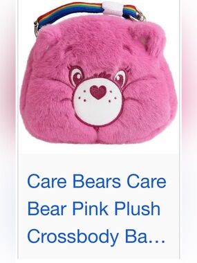 NWT- Care Bear Pink Plush Bear Crossbody Bag with Rainbow Strap